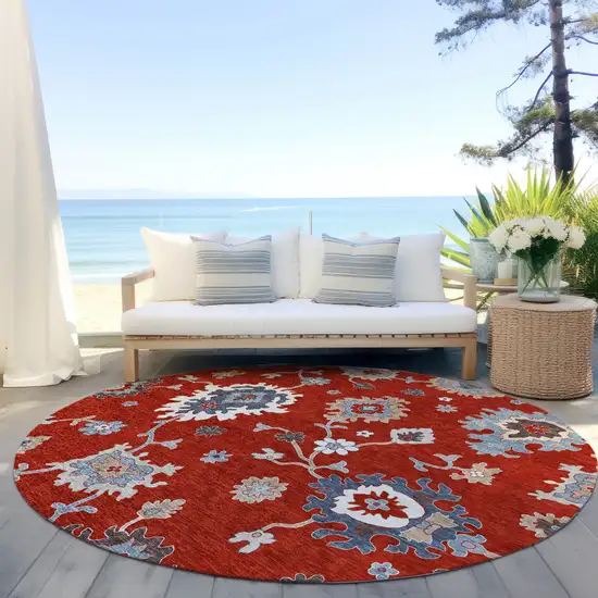 8' Red Gray And Taupe Round Floral Washable Indoor Outdoor Area Rug Photo 6