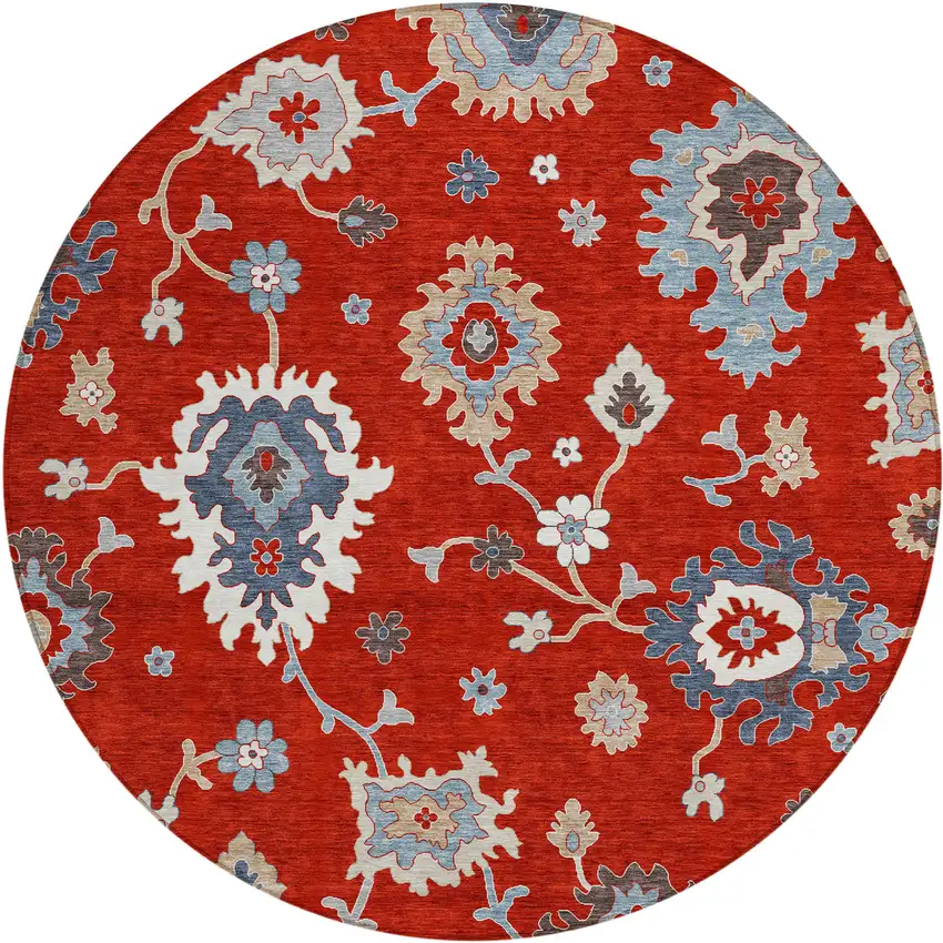 8' Red Gray And Taupe Round Floral Washable Indoor Outdoor Area Rug Photo 2
