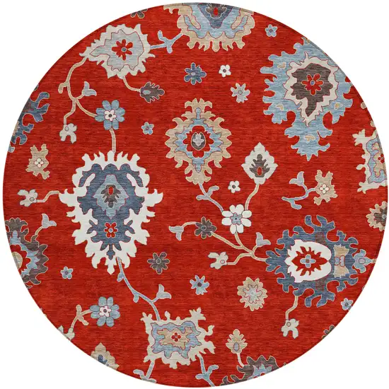 8' Red Gray And Taupe Round Floral Washable Indoor Outdoor Area Rug Photo 2