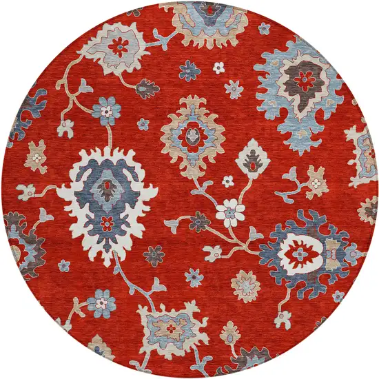 8' Red Gray And Taupe Round Floral Washable Indoor Outdoor Area Rug Photo 2