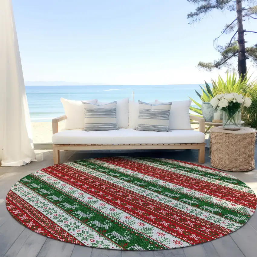 8' Red Green And Ivory Round Animal Print Washable Indoor Outdoor Area Rug Photo 5