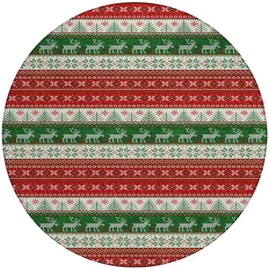 8' Red Green And Ivory Round Animal Print Washable Indoor Outdoor Area Rug Photo 3