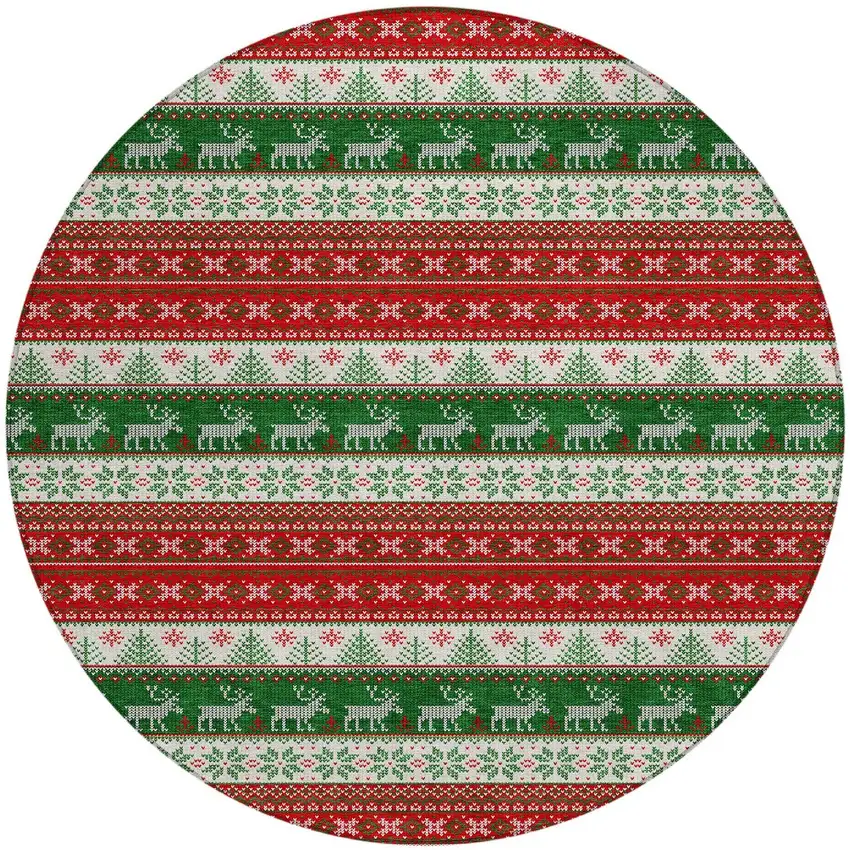 8' Red Green And Ivory Round Animal Print Washable Indoor Outdoor Area Rug Photo 3