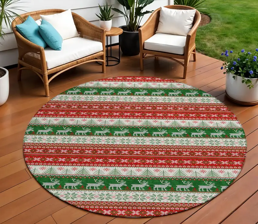 8' Red Green And Ivory Round Animal Print Washable Indoor Outdoor Area Rug Photo 2