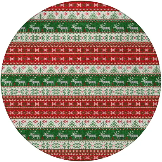 8' Red Green And Ivory Round Animal Print Washable Indoor Outdoor Area Rug Photo 4