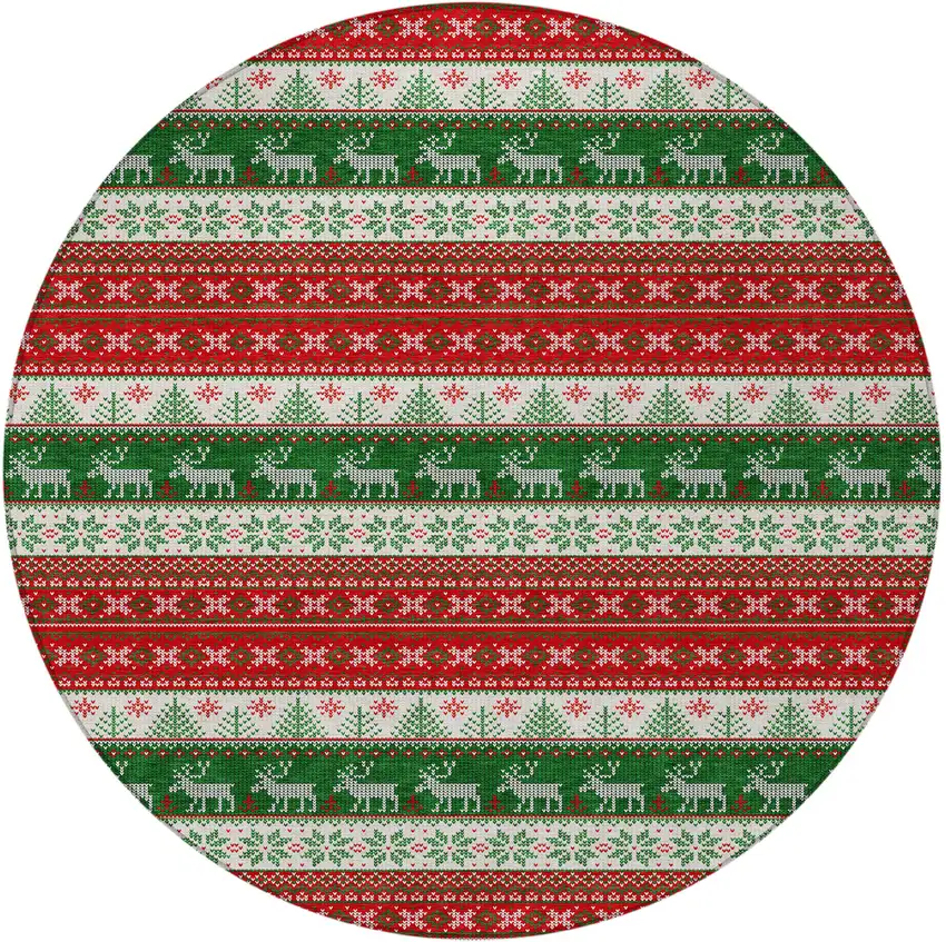 8' Red Green And Ivory Round Animal Print Washable Indoor Outdoor Area Rug Photo 4