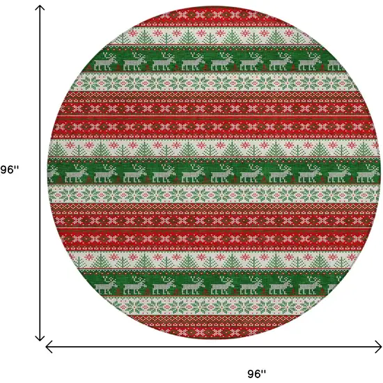8' Red Green And Ivory Round Deer Washable Indoor Outdoor Area Rug Photo 8