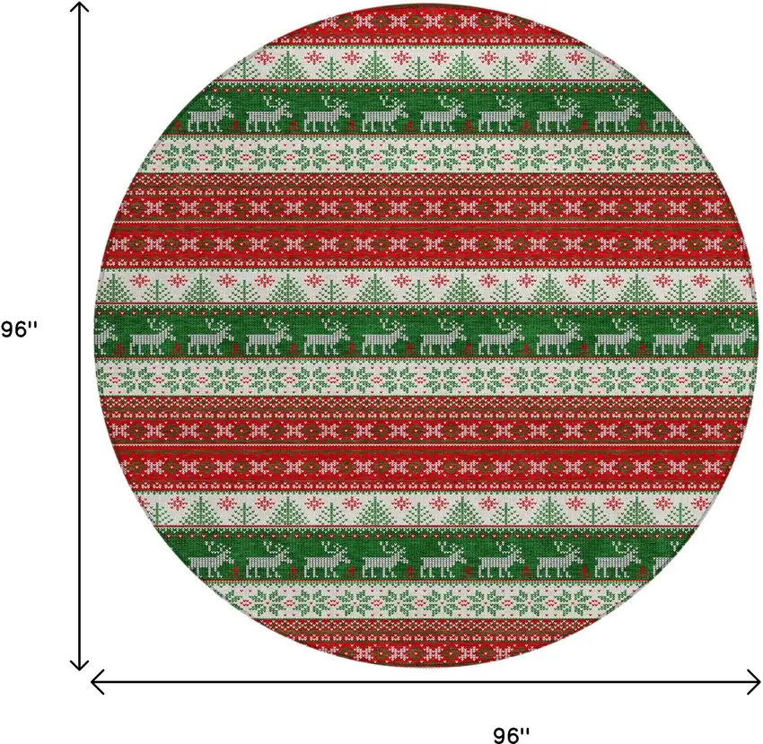 8' Red Green And Ivory Round Deer Washable Indoor Outdoor Area Rug Photo 8