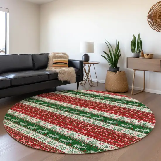 8' Red Green And Ivory Round Animal Print Washable Indoor Outdoor Area Rug Photo 6