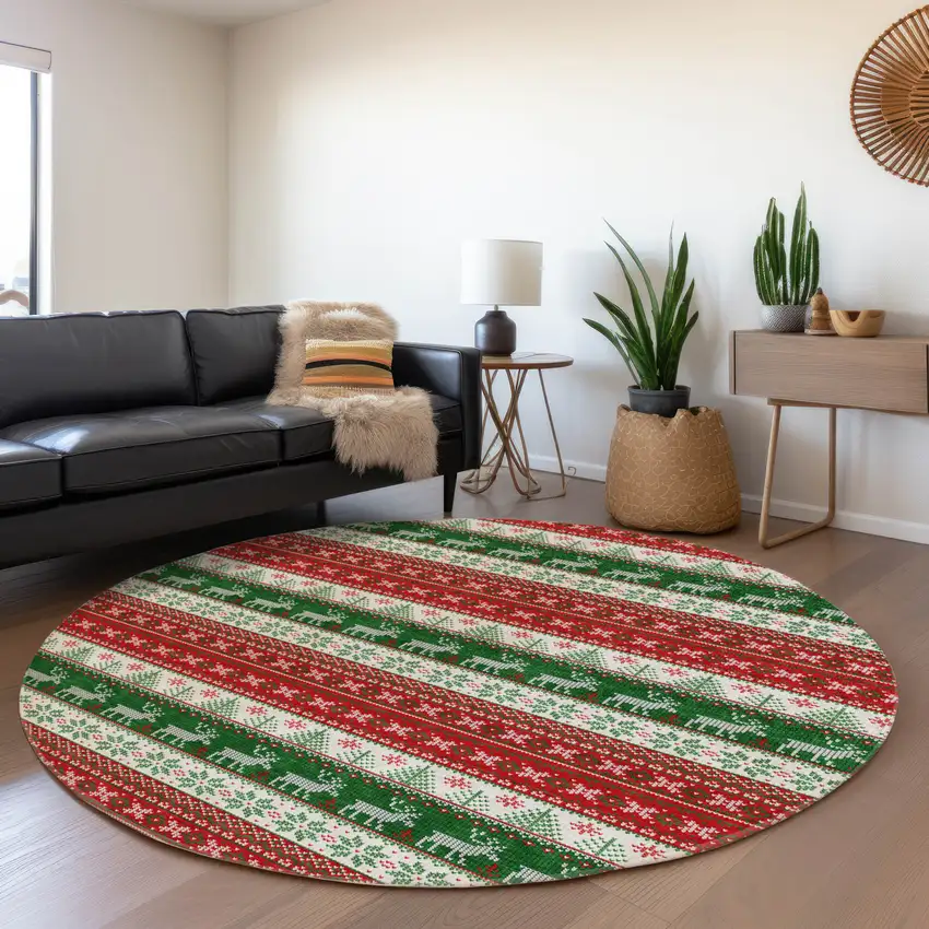 8' Red Green And Ivory Round Animal Print Washable Indoor Outdoor Area Rug Photo 6
