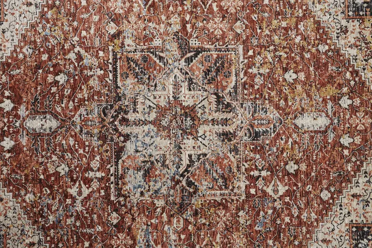10' Red Ivory And Black Abstract Distressed Runner Rug With Fringe Photo 3