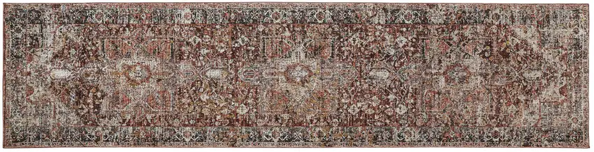 10' Red Ivory And Black Abstract Distressed Runner Rug With Fringe Photo 1