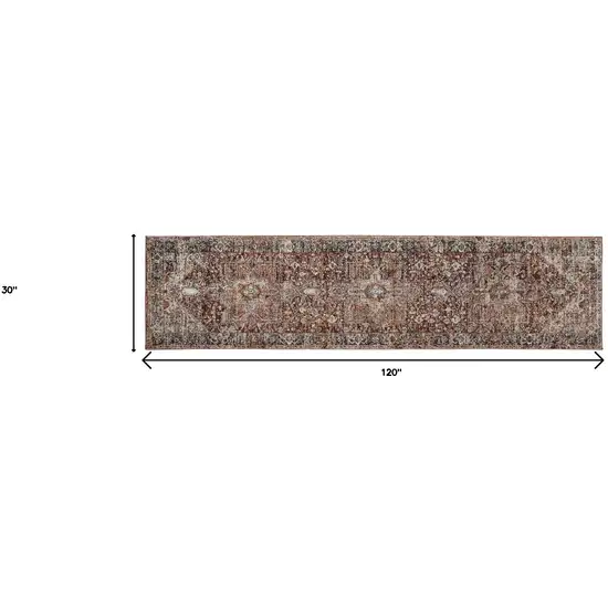 10' Red Ivory And Black Abstract Distressed Runner Rug With Fringe Photo 4