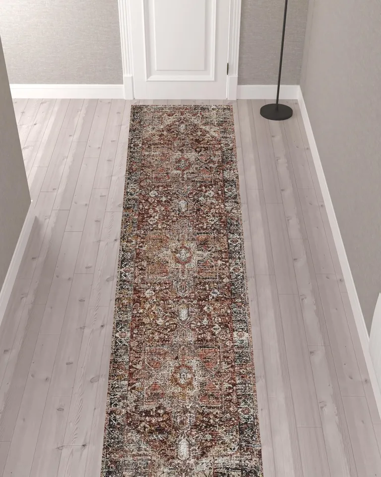 12' Red Ivory And Black Abstract Distressed Runner Rug With Fringe Photo 2