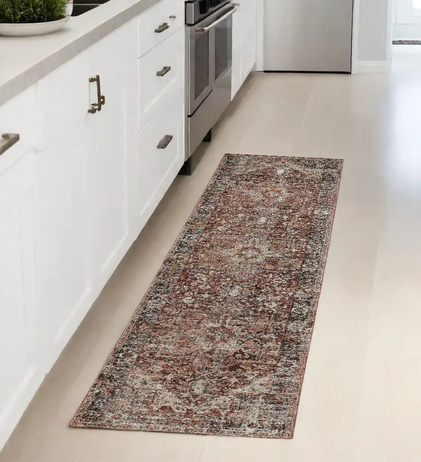 8' Red Ivory And Black Abstract Distressed Runner Rug With Fringe Photo 1