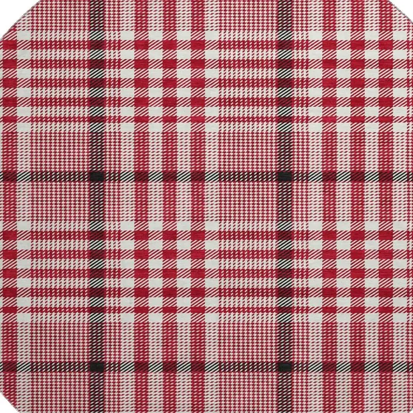 8' Red Ivory And Black Plaid Washable Round Rug With UV Protection Photo 2