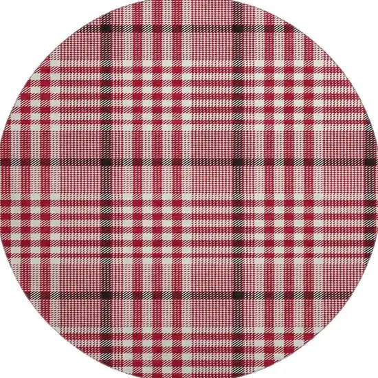 8' Red Ivory And Black Plaid Washable Round Rug With UV Protection Photo 3