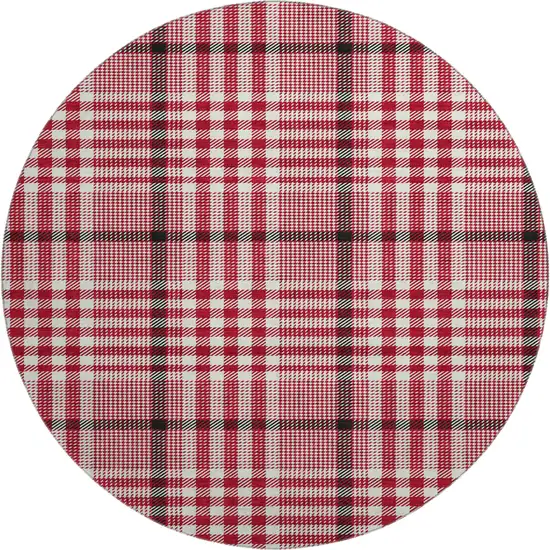 8' Red Ivory And Black Plaid Washable Round Rug With UV Protection Photo 1