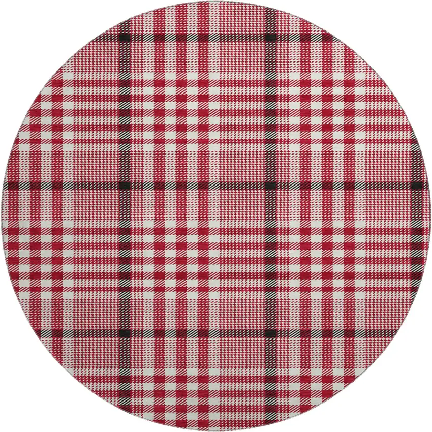 8' Red Ivory And Black Plaid Washable Round Rug With UV Protection Photo 1