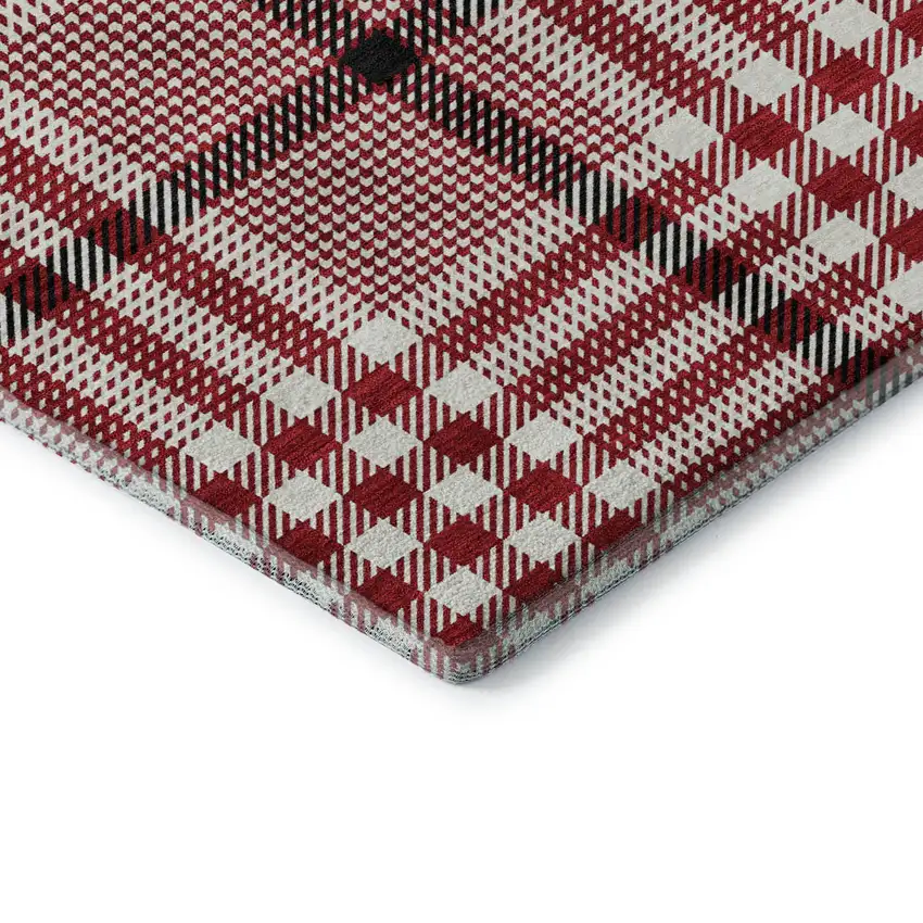 8' Red Ivory And Black Plaid Washable Round Rug With UV Protection Photo 6