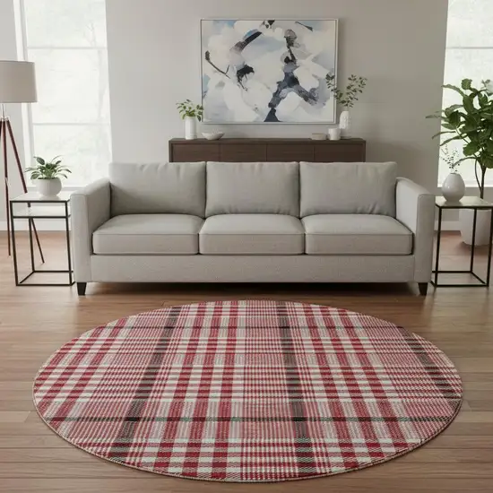 8' Red Ivory And Black Plaid Washable Round Rug With UV Protection Photo 2
