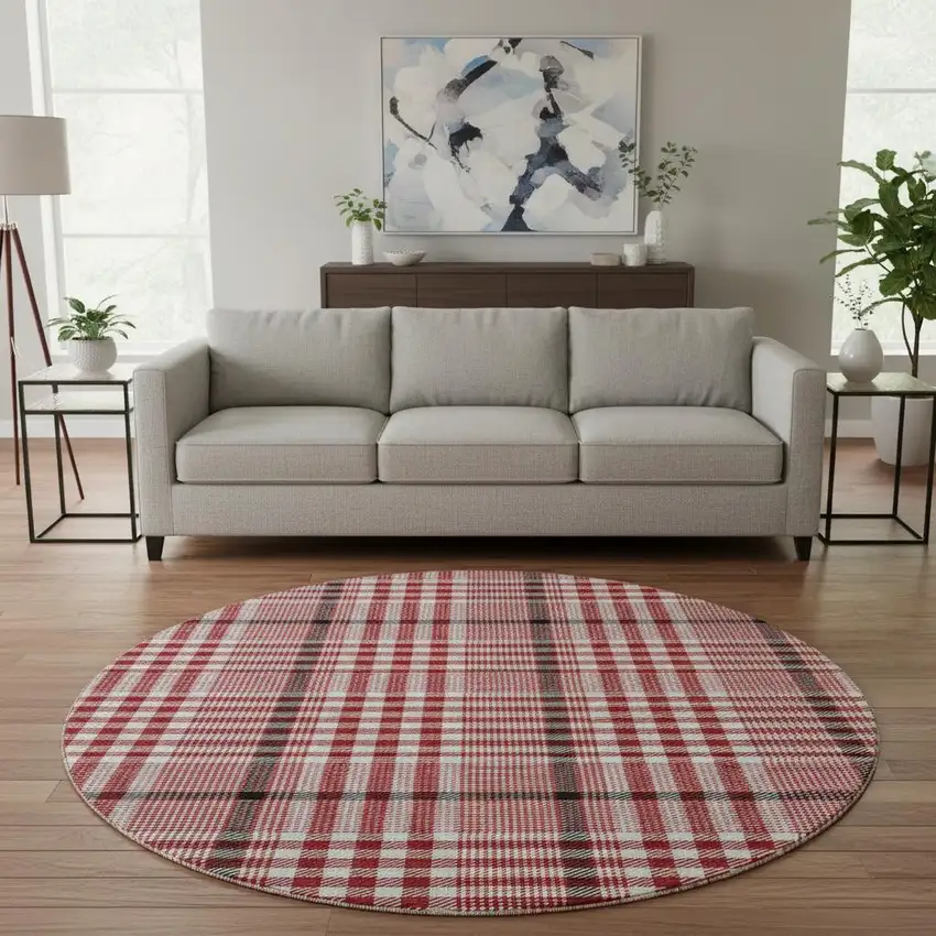 8' Red Ivory And Black Plaid Washable Round Rug With UV Protection Photo 2
