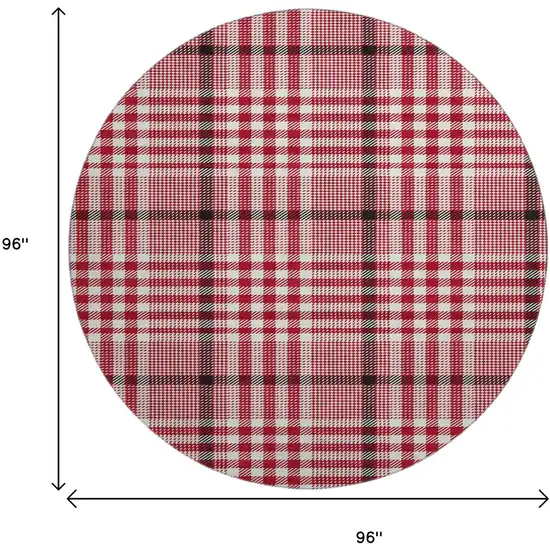 8' Red Ivory And Black Plaid Washable Round Rug With UV Protection Photo 9