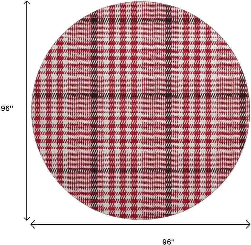 8' Red Ivory And Black Plaid Washable Round Rug With UV Protection Photo 9