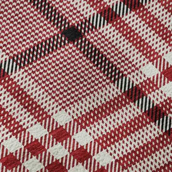 8' Red Ivory And Black Plaid Washable Round Rug With UV Protection Photo 8