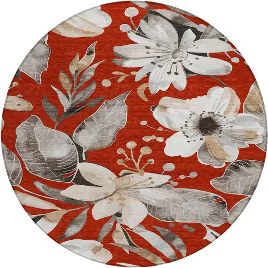 8' Red Ivory And Charcoal Round Floral Washable Indoor Outdoor Area Rug Photo 2