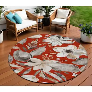 Photo of 8' Red Ivory And Charcoal Round Floral Washable Indoor Outdoor Area Rug