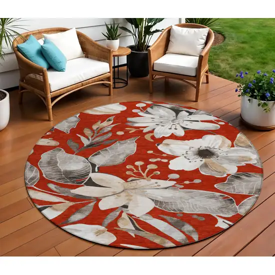 8' Red Ivory And Charcoal Round Floral Washable Indoor Outdoor Area Rug Photo 1