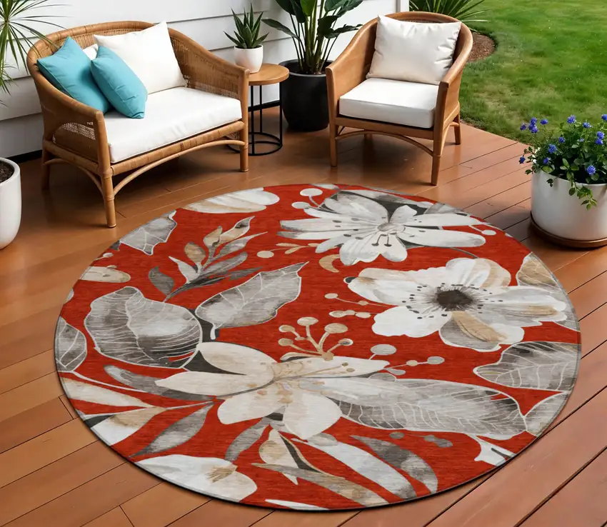 8' Red Ivory And Charcoal Round Floral Washable Indoor Outdoor Area Rug Photo 1