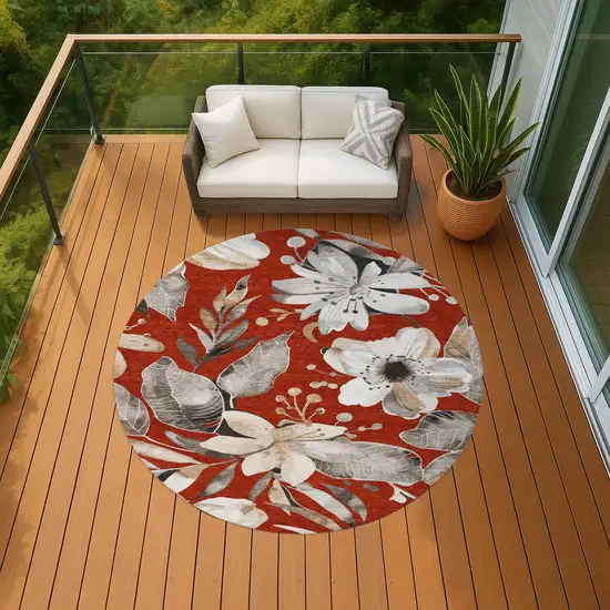 8' Red Ivory And Charcoal Round Floral Washable Indoor Outdoor Area Rug Photo 9