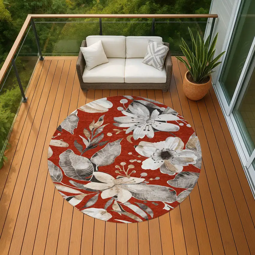 8' Red Ivory And Charcoal Round Floral Washable Indoor Outdoor Area Rug Photo 9
