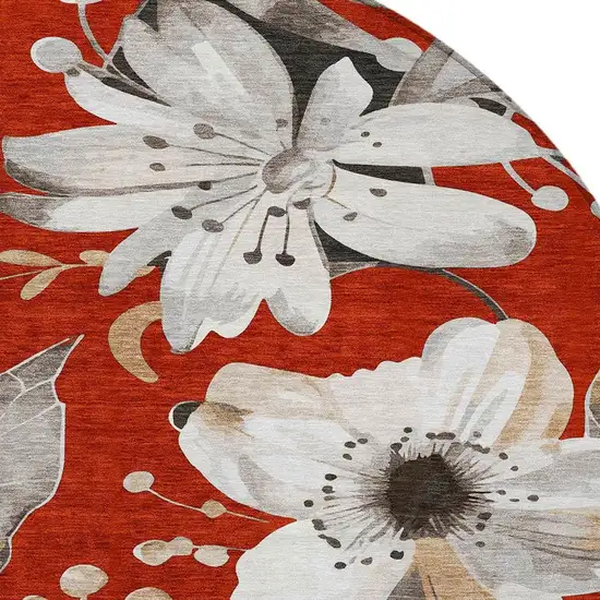 8' Red Ivory And Charcoal Round Floral Washable Indoor Outdoor Area Rug Photo 7