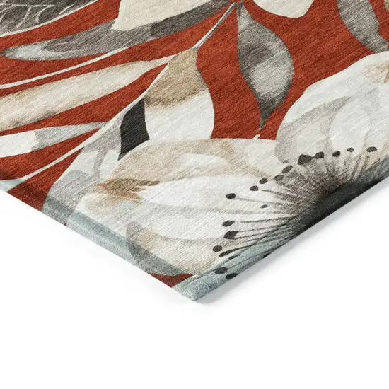 8' Red Ivory And Charcoal Round Floral Washable Indoor Outdoor Area Rug Photo 4