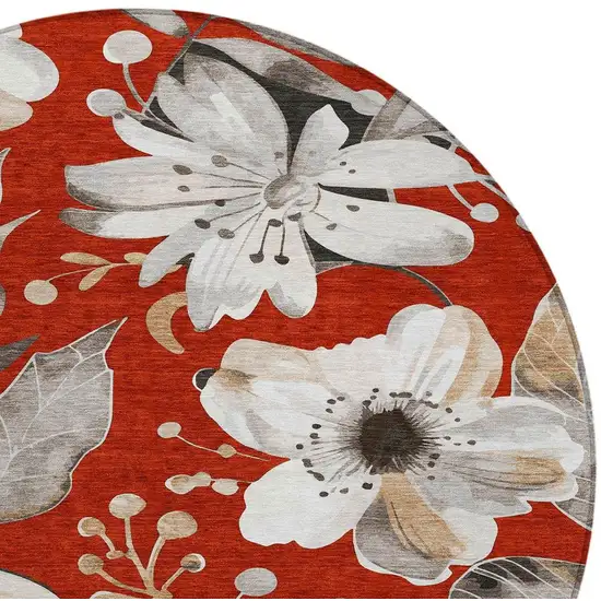 8' Red Ivory And Charcoal Round Floral Washable Indoor Outdoor Area Rug Photo 5