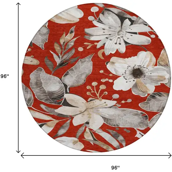 8' Red Ivory And Charcoal Round Floral Washable Indoor Outdoor Area Rug Photo 3