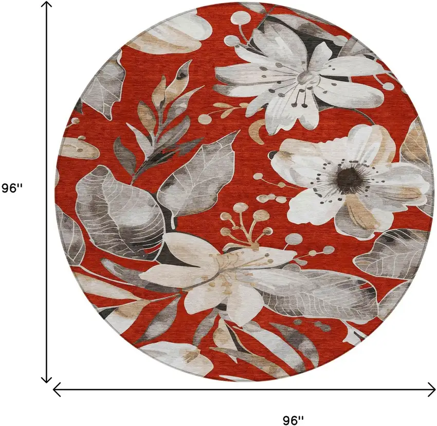 8' Red Ivory And Charcoal Round Floral Washable Indoor Outdoor Area Rug Photo 3