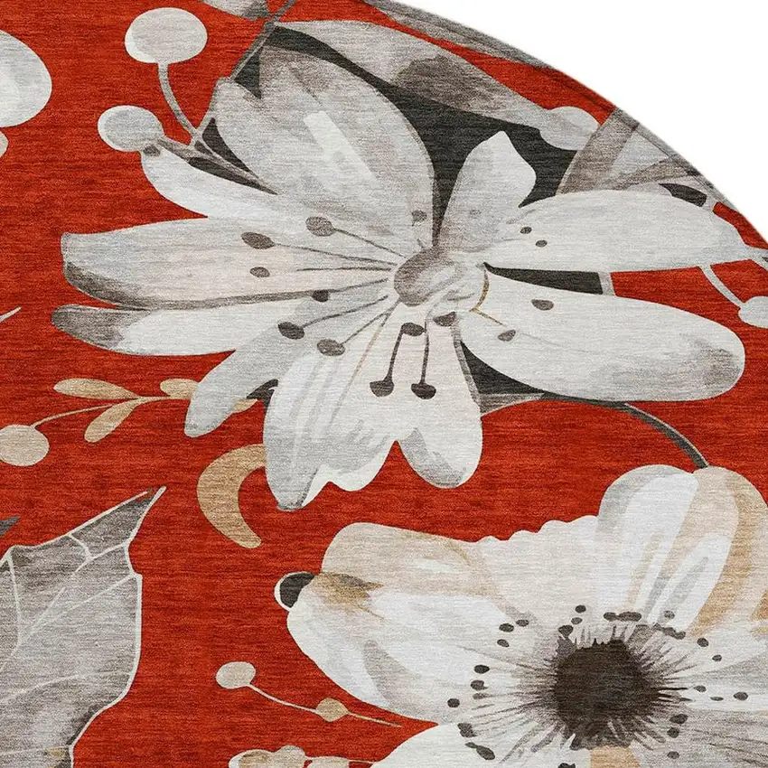 8' Red Ivory And Charcoal Round Floral Washable Indoor Outdoor Area Rug Photo 6