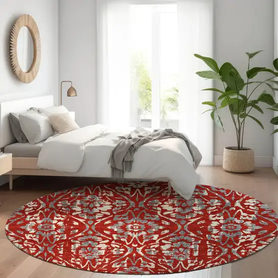 8' Red Ivory And Dark Gray Round Floral Washable Indoor Outdoor Area Rug Photo 8