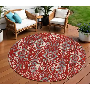 Photo of 8' Red Ivory And Dark Gray Round Floral Washable Indoor Outdoor Area Rug
