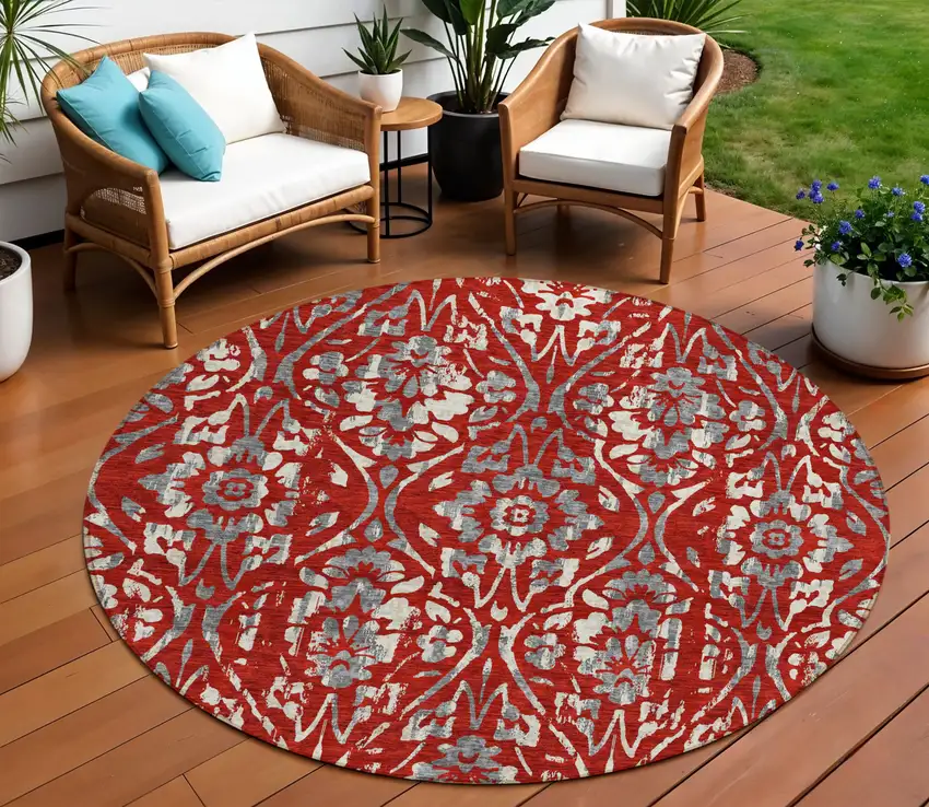 8' Red Ivory And Dark Gray Round Floral Washable Indoor Outdoor Area Rug Photo 1