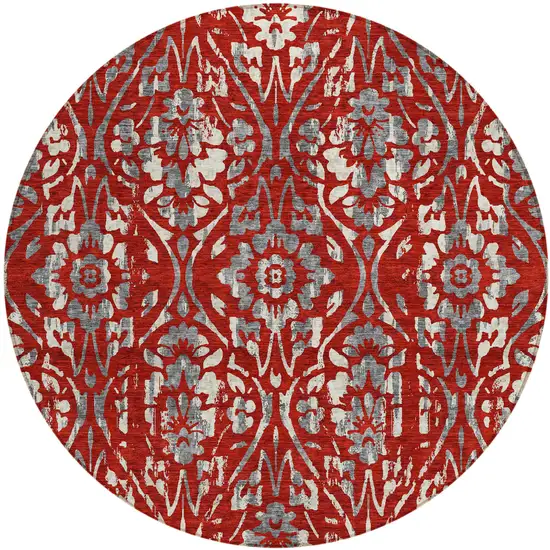 8' Red Ivory And Dark Gray Round Floral Washable Indoor Outdoor Area Rug Photo 2