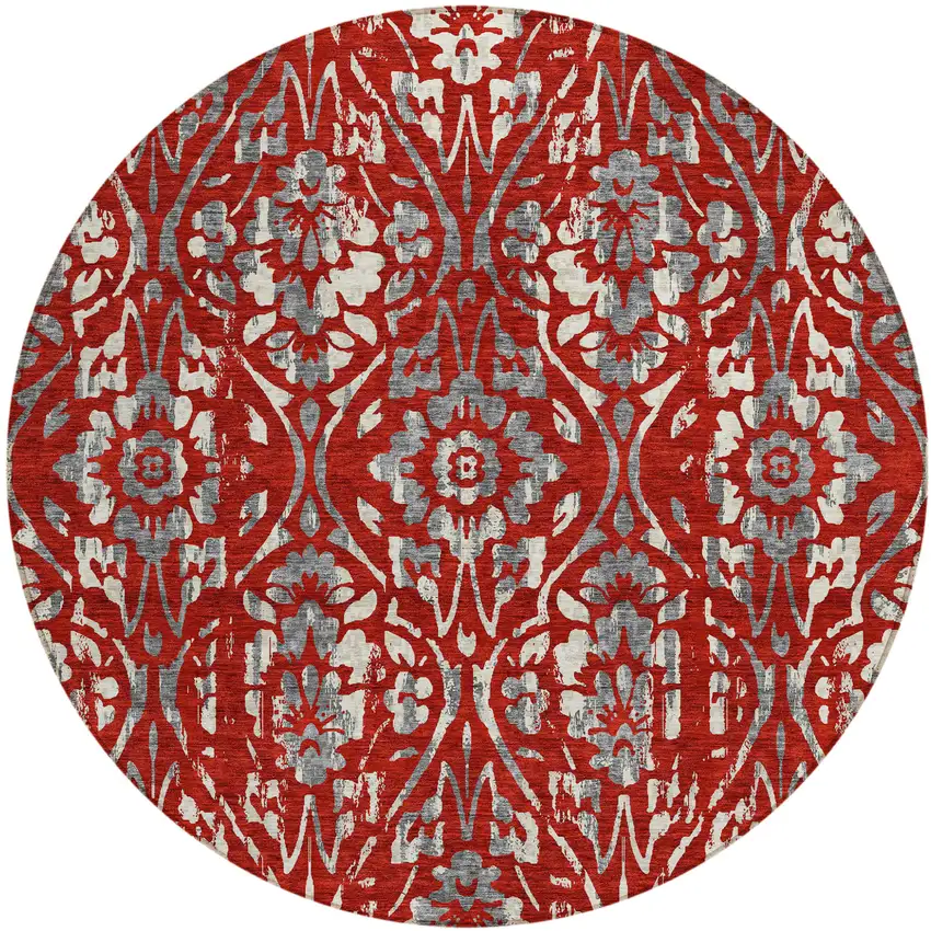 8' Red Ivory And Dark Gray Round Floral Washable Indoor Outdoor Area Rug Photo 2