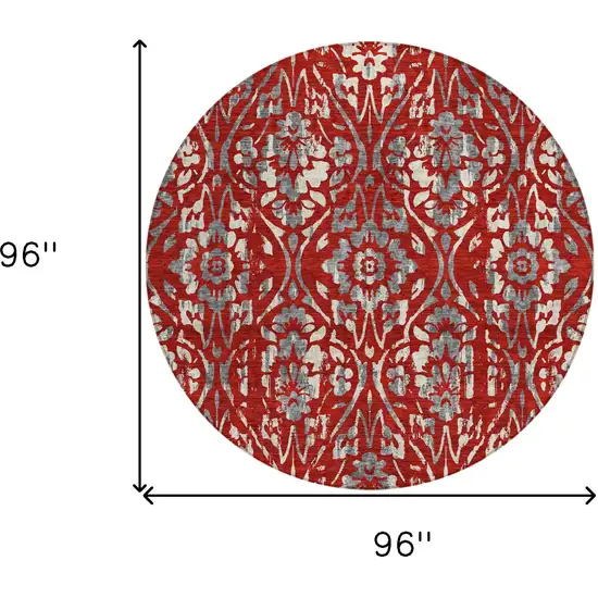 8' Red Ivory And Dark Gray Round Floral Washable Indoor Outdoor Area Rug Photo 3