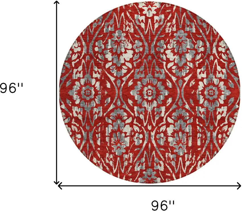 8' Red Ivory And Dark Gray Round Floral Washable Indoor Outdoor Area Rug Photo 3