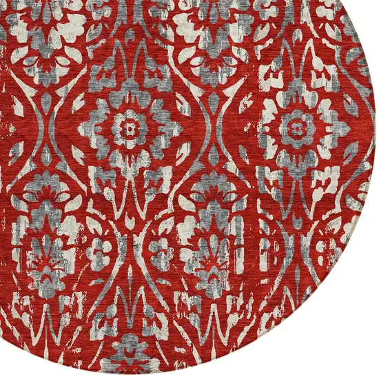 8' Red Ivory And Dark Gray Round Floral Washable Indoor Outdoor Area Rug Photo 5
