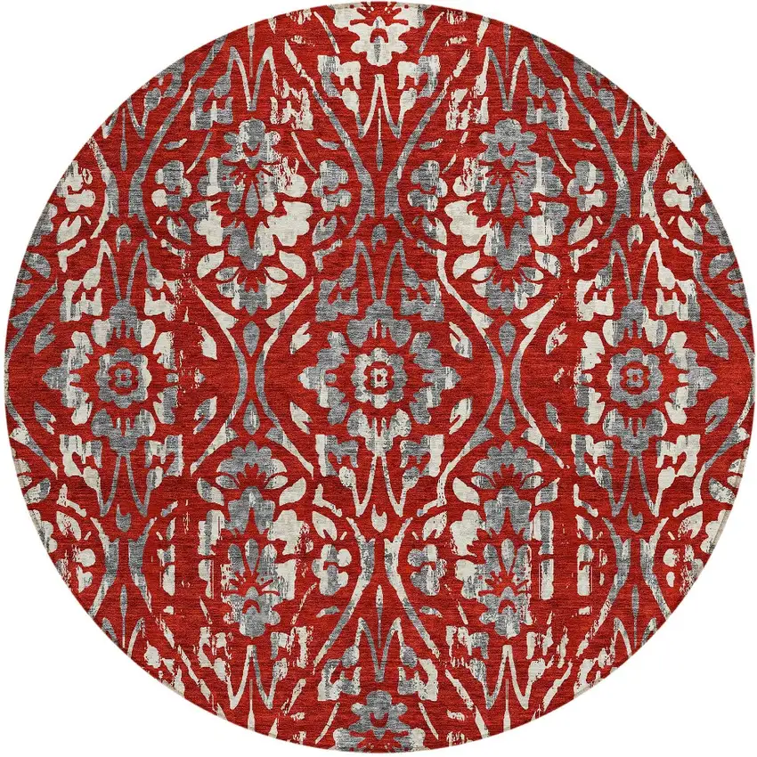 8' Red Ivory And Dark Gray Round Floral Washable Indoor Outdoor Area Rug Photo 6